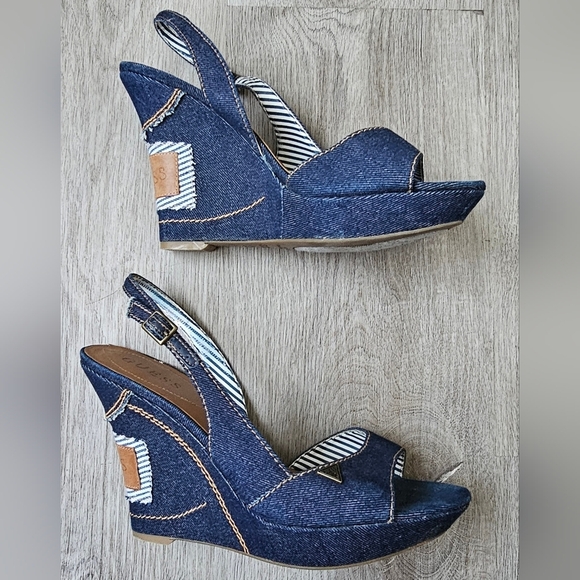 Guess Denim Slingback Wedge Sandals – Size 8M - Picture 5 of 12